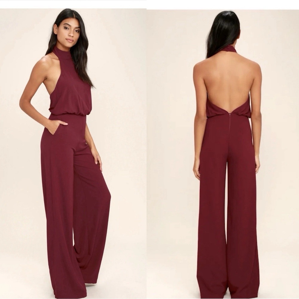 Lulus Moment for Life Burgundy Halter Wide Leg Open Back Jumpsuit Womens Medium